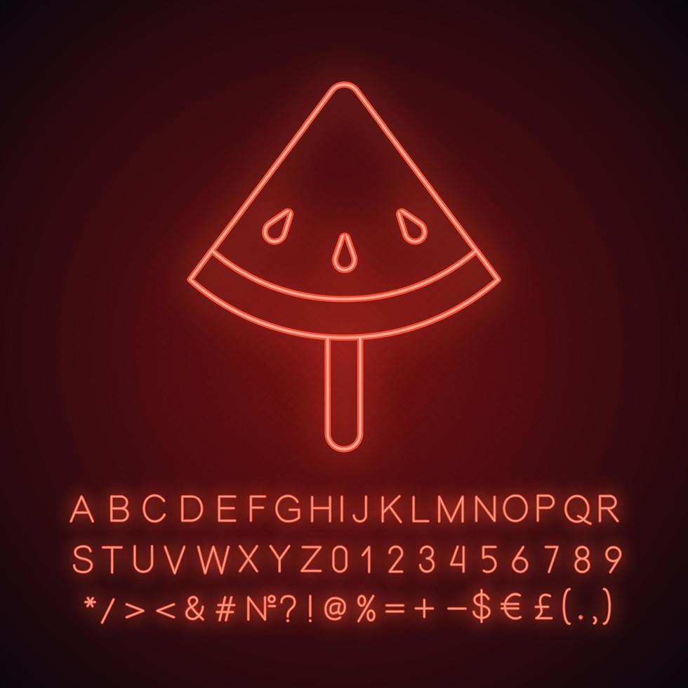 Watermelon slice on stick neon light icon. Glowing sign with alphabet, numbers and symbols. Vector isolated illustration