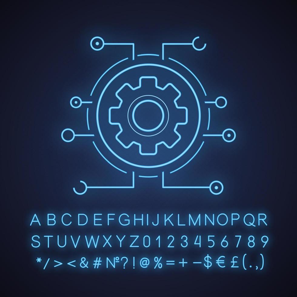 Settings digital neon light icon. Gear. Glowing sign with alphabet, numbers and symbols. Cogwheel in microchip pathways. Cyber technology. Vector isolated illustration