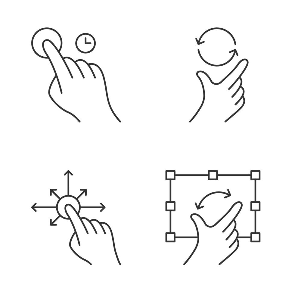 Touchscreen gestures linear icons set. Touch and hold, zoom, rotate gesturing. Drag finger all directions. Pinch, pan gesture. Thin line contour symbols. Isolated vector illustrations. Editable stroke