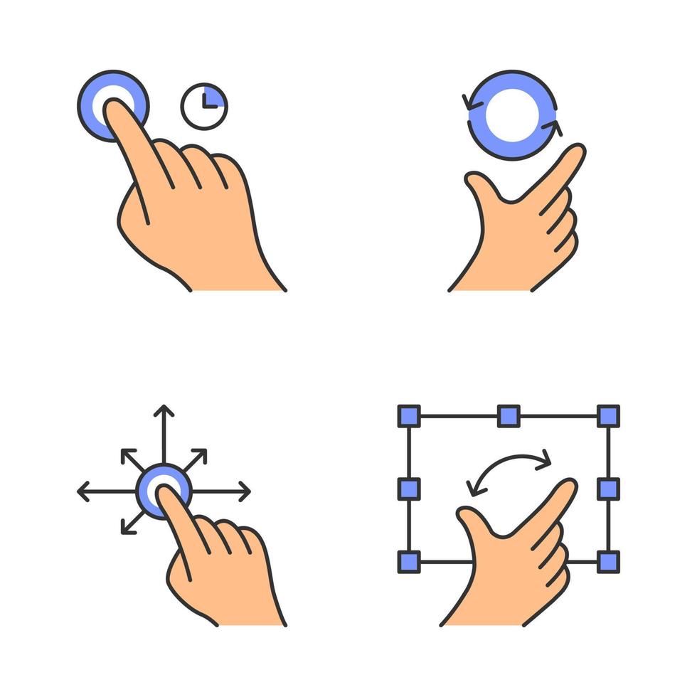 Touchscreen gestures color icons set. Touch and hold, zoom, rotate gesturing. Drag finger all directions. Pinch and pan gesture. Human fingers. Isolated vector illustrations