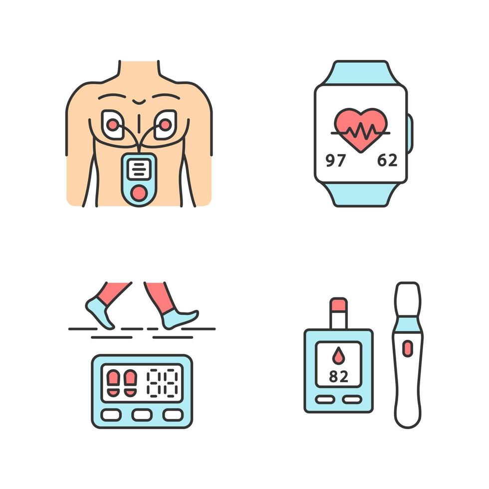 Medical devices color icons set. Muscle stimulator, heart rate monitor, pedometer, blood sugar test. Muscle toner, pulse, heartbeat monitor, fitness tracker, glucometer. Isolated vector illustrations