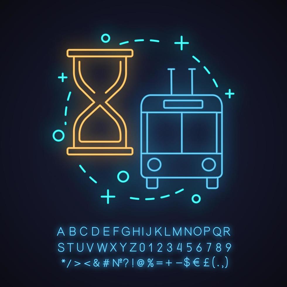 Land transport neon light concept icon. Public transport idea. Trolleybus. Glowing sign with alphabet, numbers and symbols. Vector isolated illustration