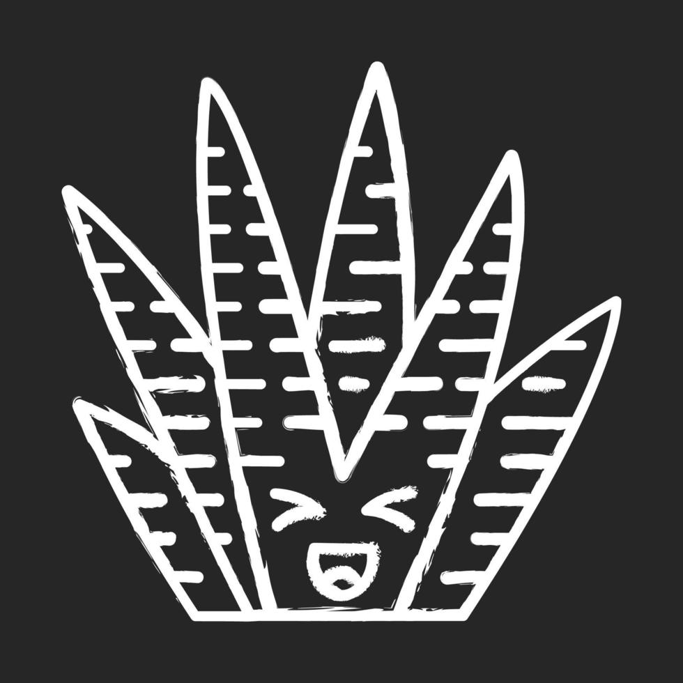 Zebra cactus chalk icon. Cacti with laughing face. Happy wild Haworthia. Small succulent plant with squinting eyes. Succulent plant. Houseplant. Isolated vector chalkboard illustration