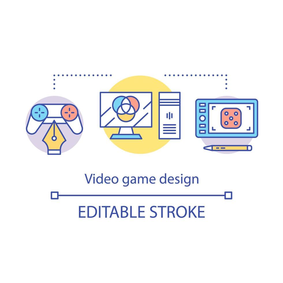 Video game design concept icon. User interface creation. Test themes and genres. Create artistic vision for game idea thin line illustration. Vector isolated outline drawing. Editable stroke