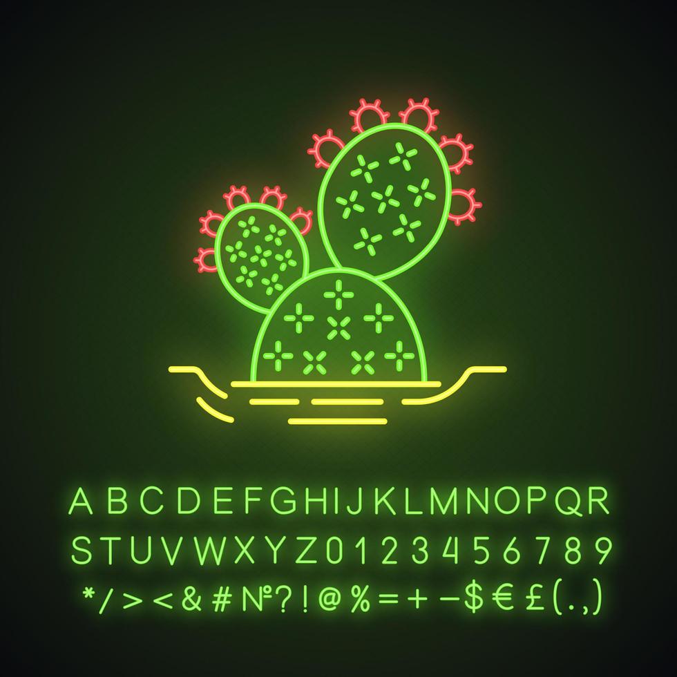 cactus de pera espinosa en el icono de la luz de neón del suelo. opuntia cactus de paleta silvestre. planta natural mexicana. flora exótica signo brillante con alfabeto, números y símbolos. ilustración vectorial aislada vector