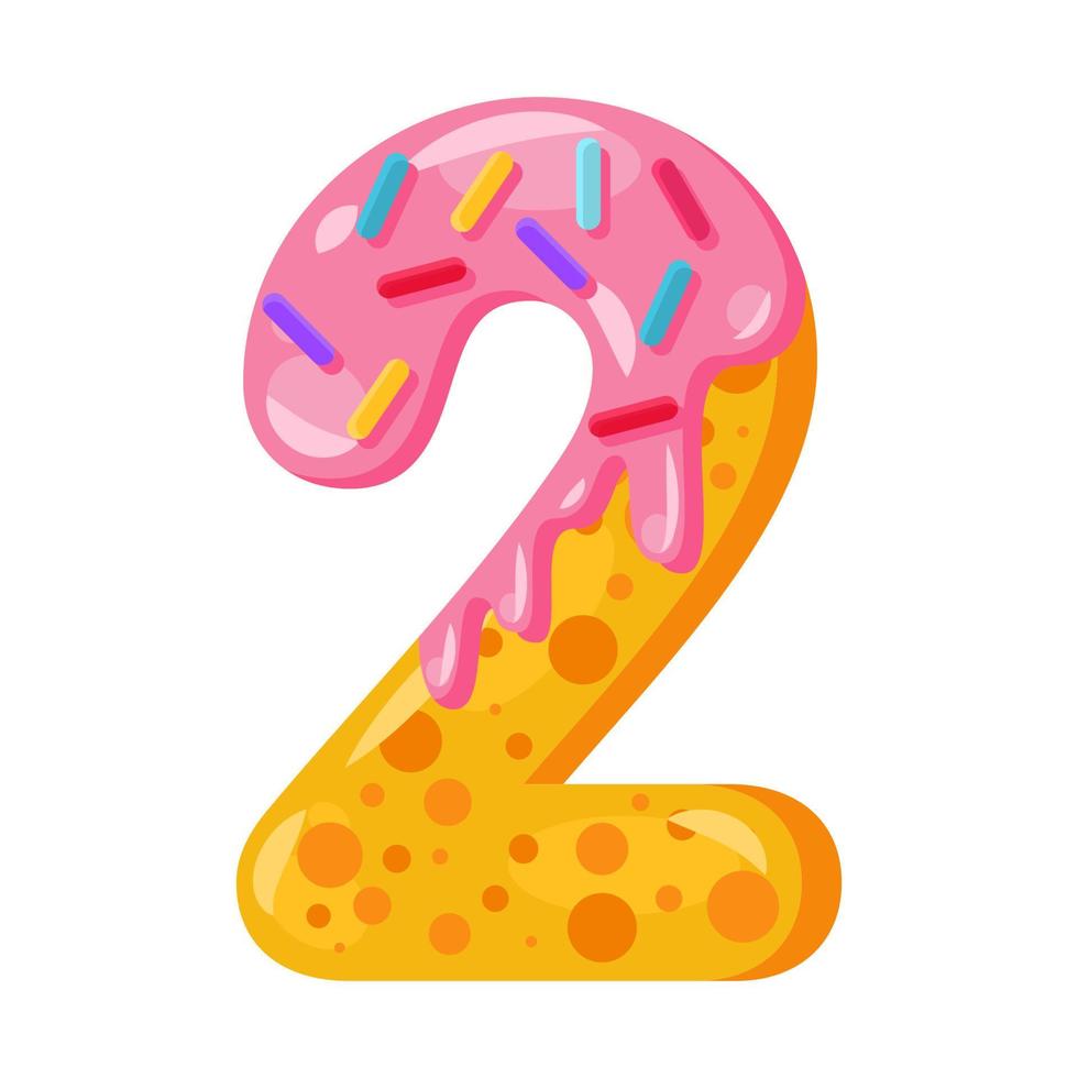 ilustración de vector de dos números de dibujos animados de donut. estilo de fuente de galleta. símbolo en negrita vidriado con glaseado. tentadora tipografía de diseño plano. galletas, signo de matemáticas de gofres. pastelería, panadería clipart aislado