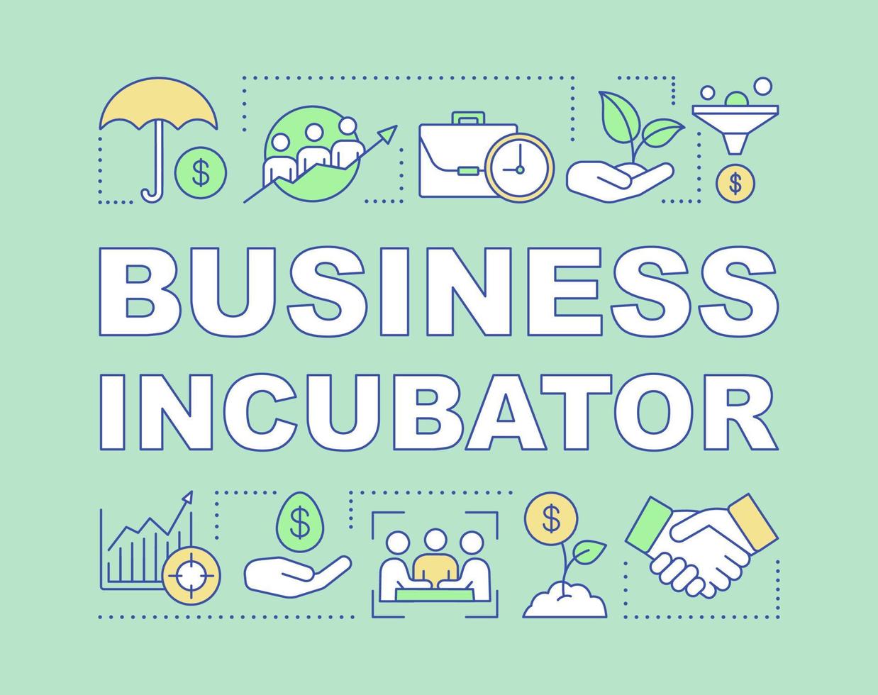 Business incubator word concepts banner. Startup care. Venture investment. Company funding. Presentation, website. Isolated lettering typography idea with linear icons. Vector outline illustration