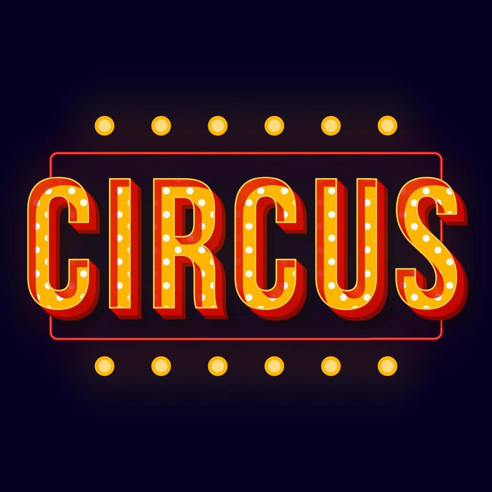 Circus vintage 3d vector lettering with glowing frame. Retro bold font. Pop art stylized text. Old school style letters. Poster, banner, signboard typography design. Dark blue color background