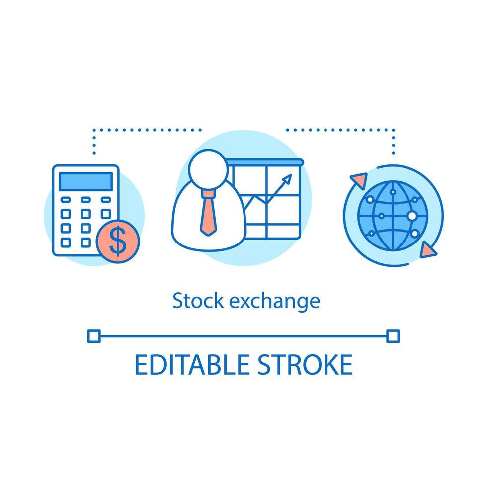 Stock exchange concept icon. Initial public offering. International investing, financing. Global trade. Marketing research idea thin line illustration. Vector isolated outline drawing. Editable stroke