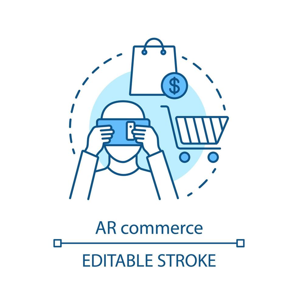AR commerce concept icon. Interactive tools for shopping, advertisement. Virtual marketplace and shopping. V commerce technology idea thin line icons. Vector isolated outline drawing. Editable stroke.