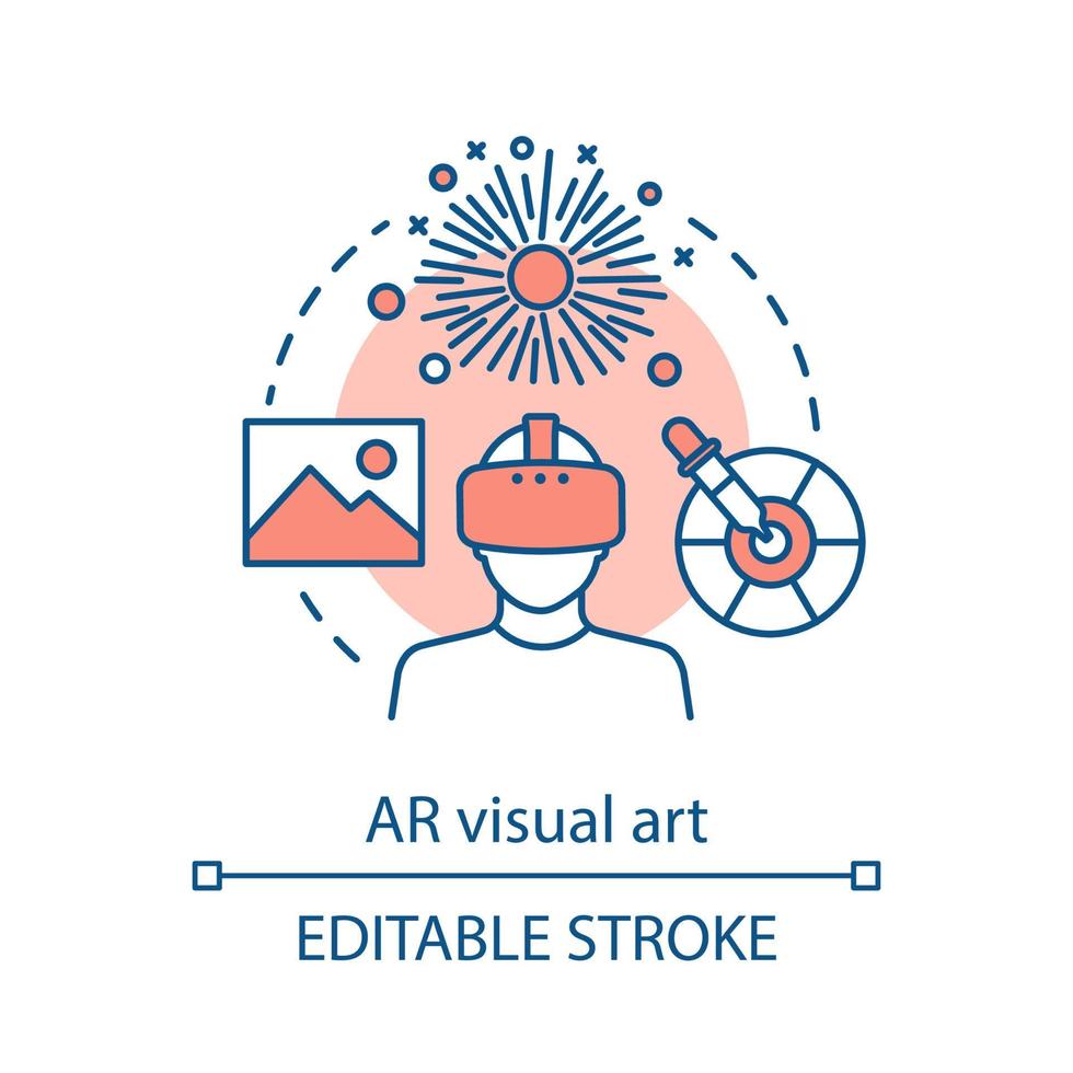 AR visual art concept icon. Artistic interactive project. Digital tools for artwork. Augmented and virtual reality applying idea thin line icons. Vector isolated outline drawing. Editable stroke