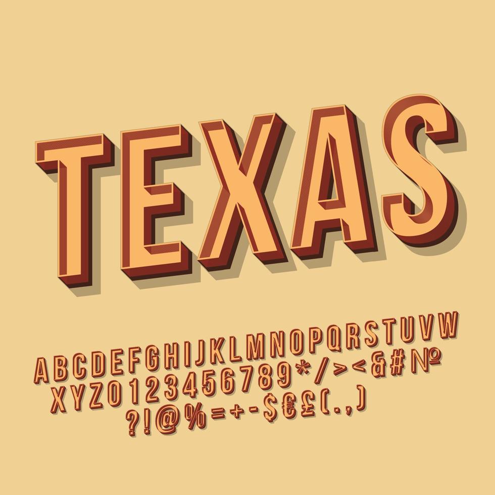 Letras vectoriales 3d vintage de Texas. fuente negrita retro. texto estilizado de arte pop. letras de estilo de la vieja escuela, números, paquete de símbolos. Afiche de los años 90, 80, pancarta, diseño tipográfico de camisetas. fondo de color beige vector