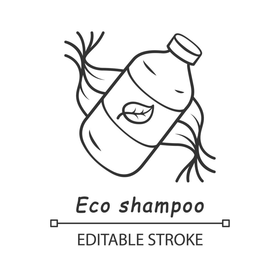 Eco shampoo linear icon. Organic cosmetics. Chemicals free hair care product. Reusable plastic bottle. Thin line illustration. Contour symbol. Vector isolated outline drawing. Editable stroke