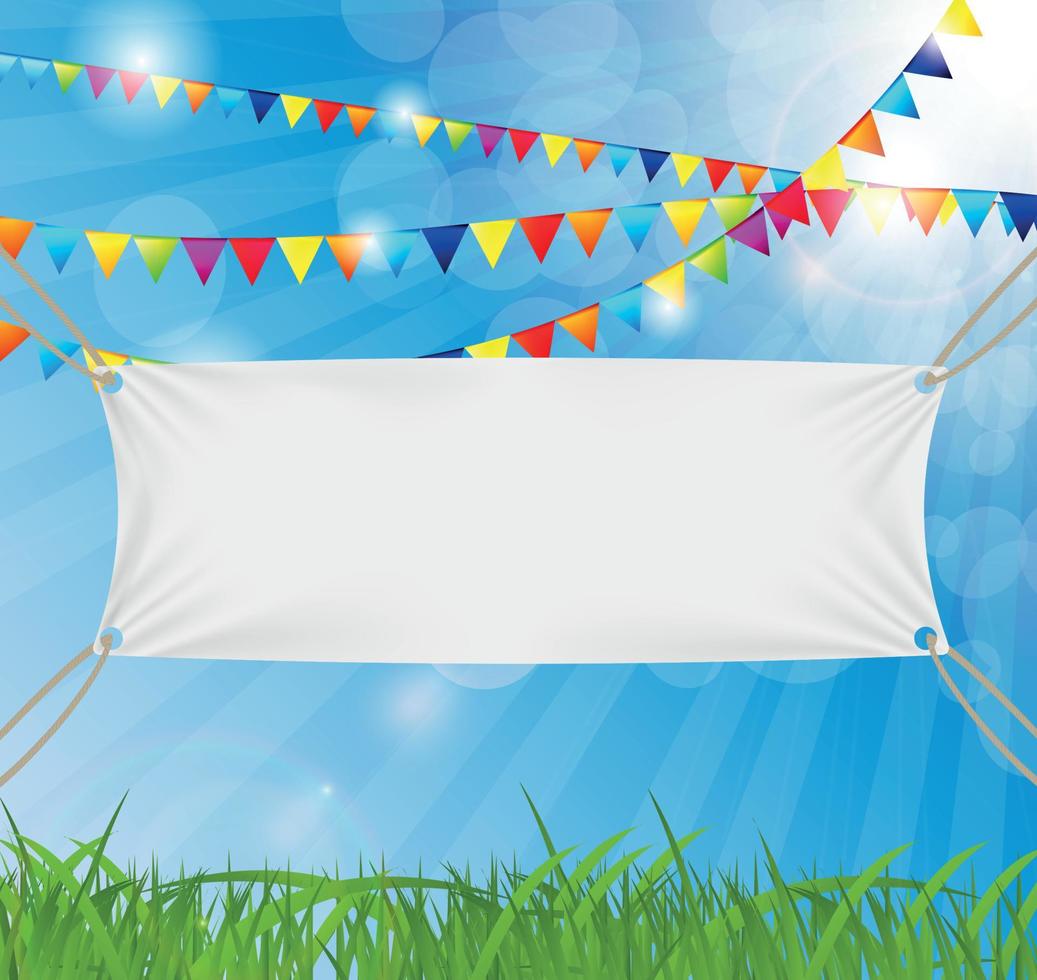 Textile banners with copy space suspended by ropes by all four corners. Vector Illustration