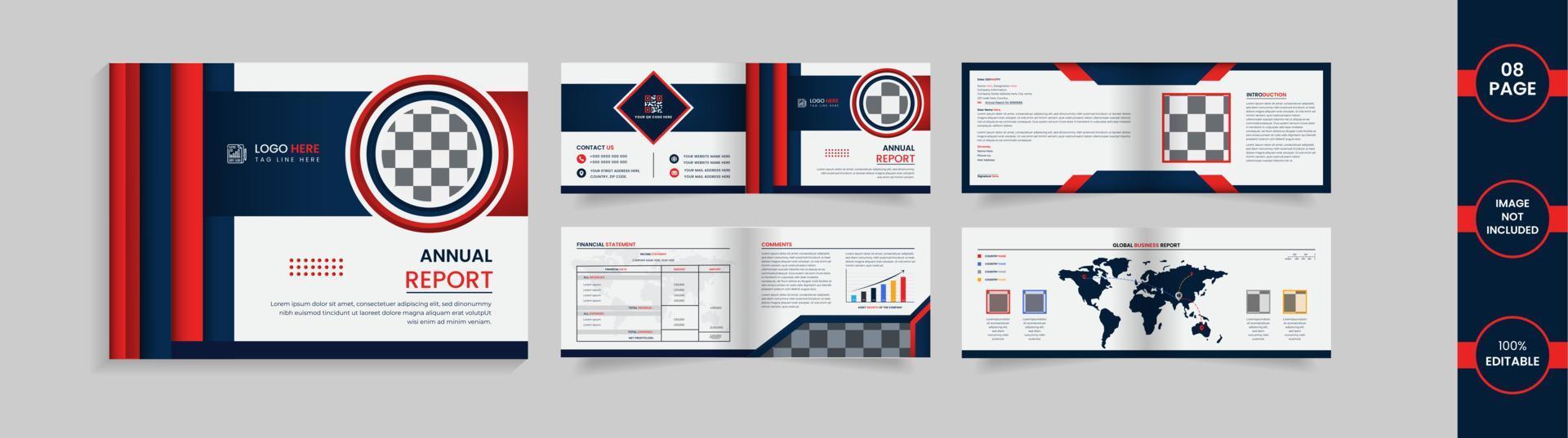 Landscape 8 page brochure design template with deep blue and red gradient color abstract shapes and information vector