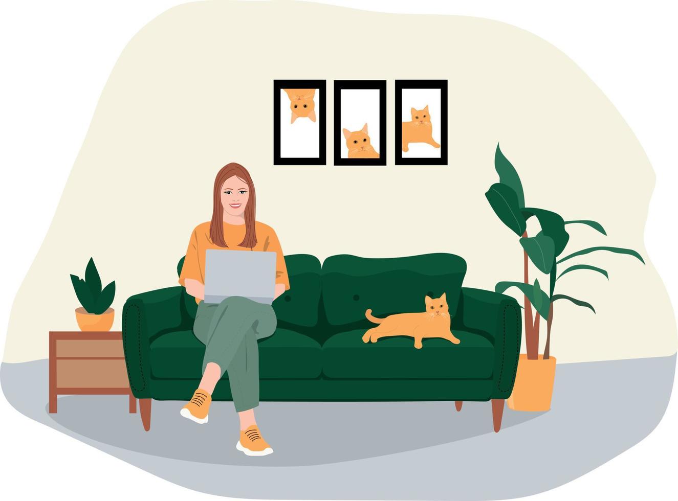 Young woman works at home vector