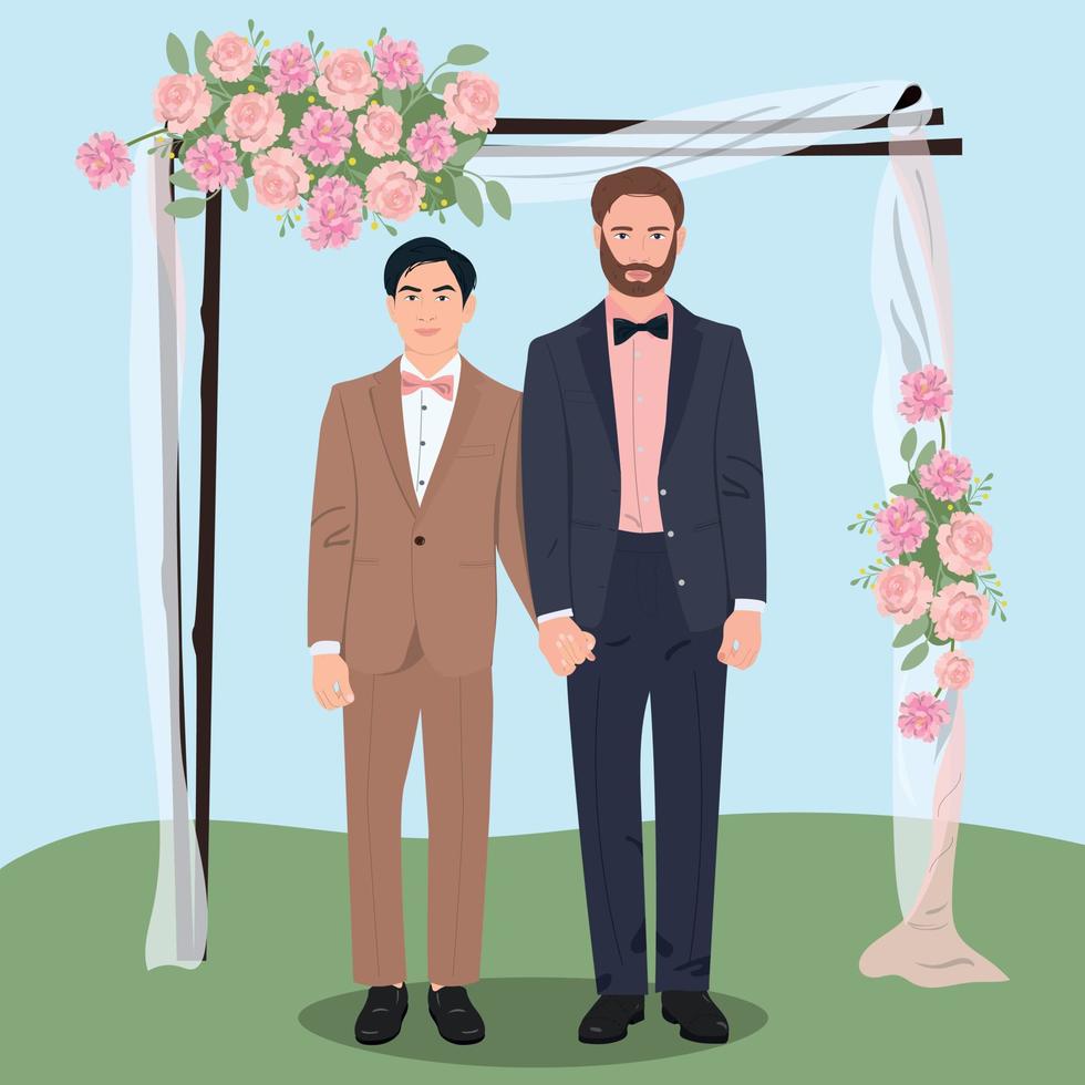 Gay newlyweds flat color vector illustration.