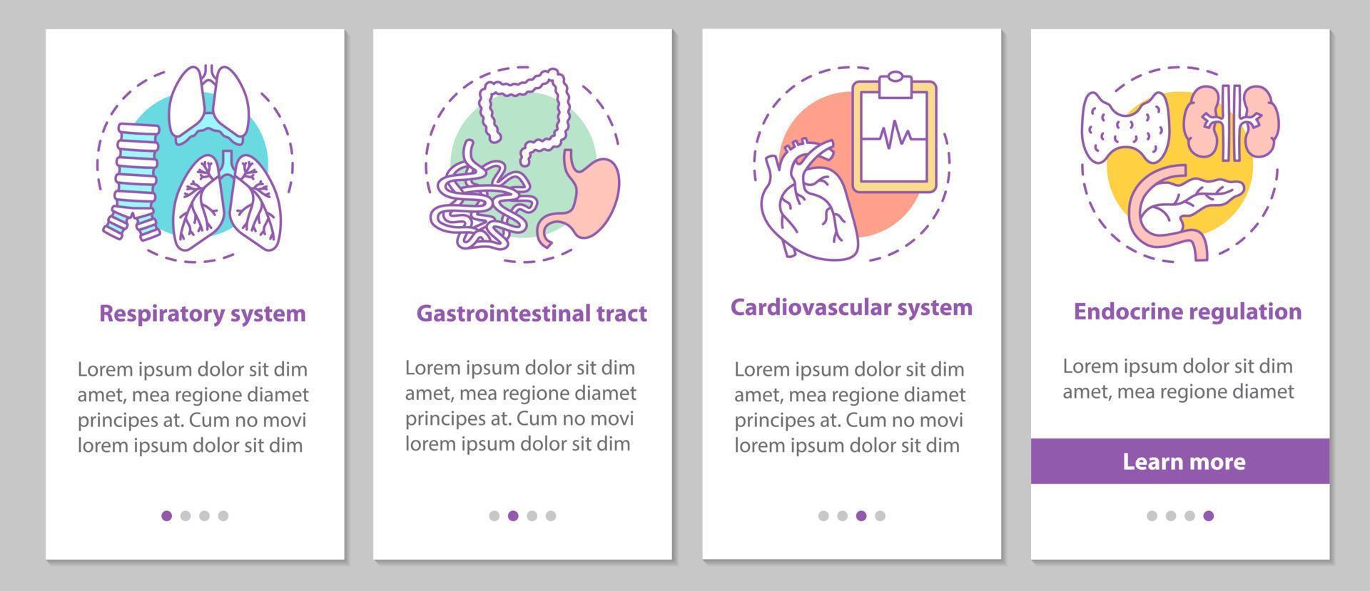 pantalla de la página de la aplicación móvil de incorporación de anatomía humana con conceptos. sistema respiratorio y cardiovascular, tracto gastrointestinal pasos instrucciones gráficas. ux, ui, plantilla vectorial gui con ilustraciones vector