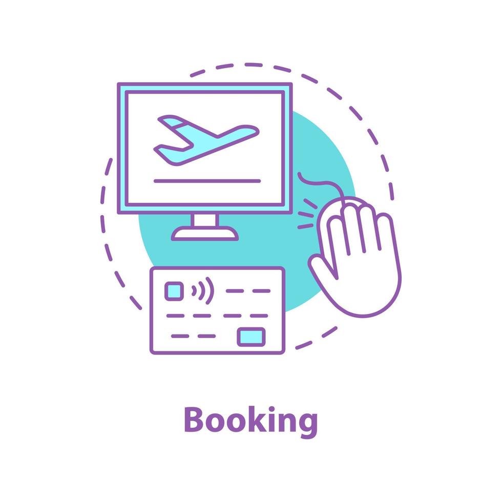 Flight tickets online booking concept icon. Airport service idea thin line illustration. Airline e-tickets purchase. Vector isolated outline drawing