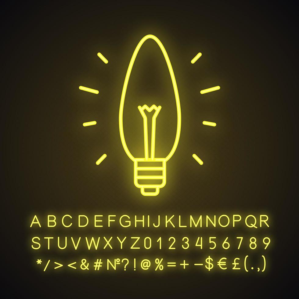 Glowing light bulb neon light icon. Electric lightbulb. Incandescent lamp. Energy saving. Glowing sign with alphabet, numbers and symbols. Vector isolated illustration