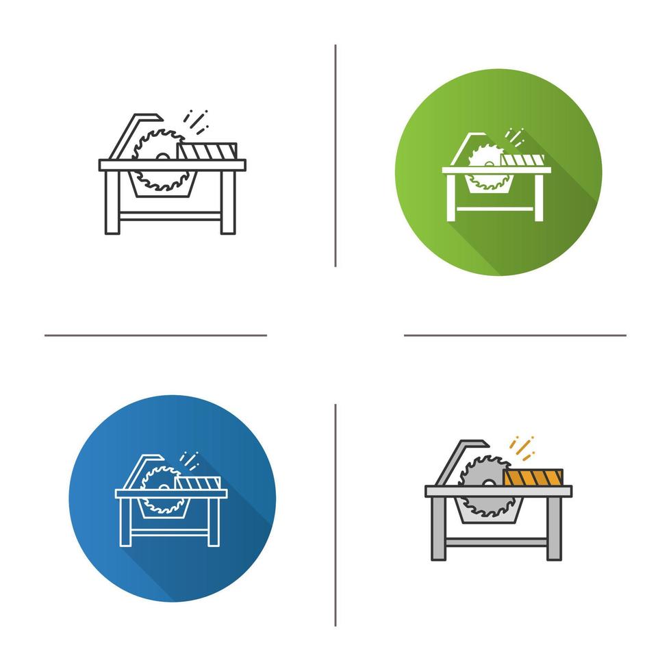 Circular saw cutting wooden plank icon. Disc saw. Flat design, linear and color styles. Isolated vector illustrations