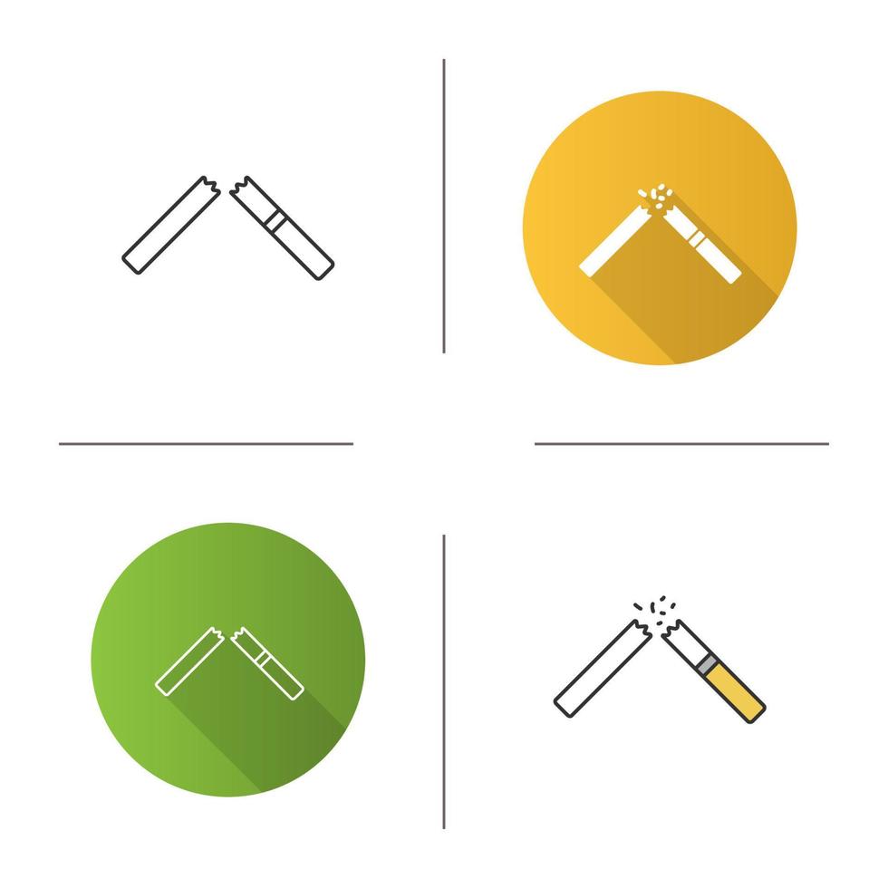 Broken cigarette icon. Stopping smoking. Flat design, linear and color styles. Isolated vector illustrations