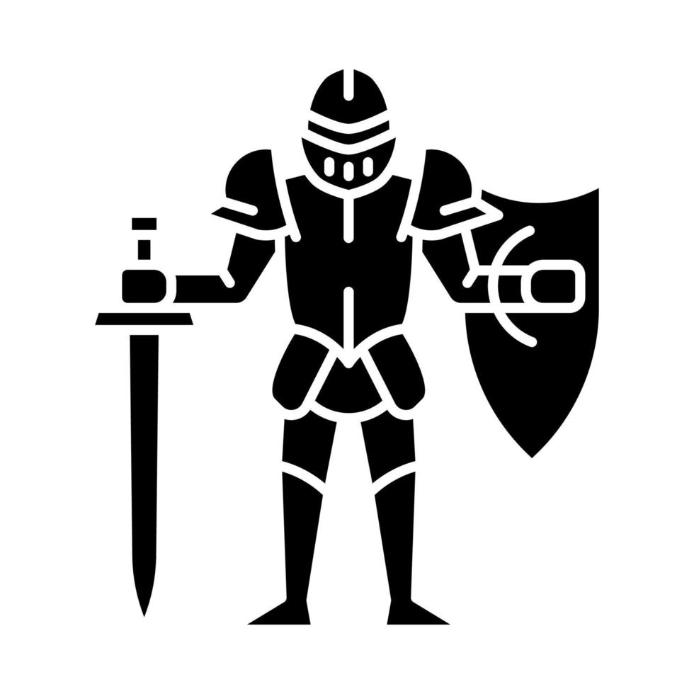 Medieval knight with shield and sword glyph icon. Warrior with full suit of armor. Chivalry. Ancient plate armour. Lord. Silhouette symbol. Negative space. Vector isolated illustration