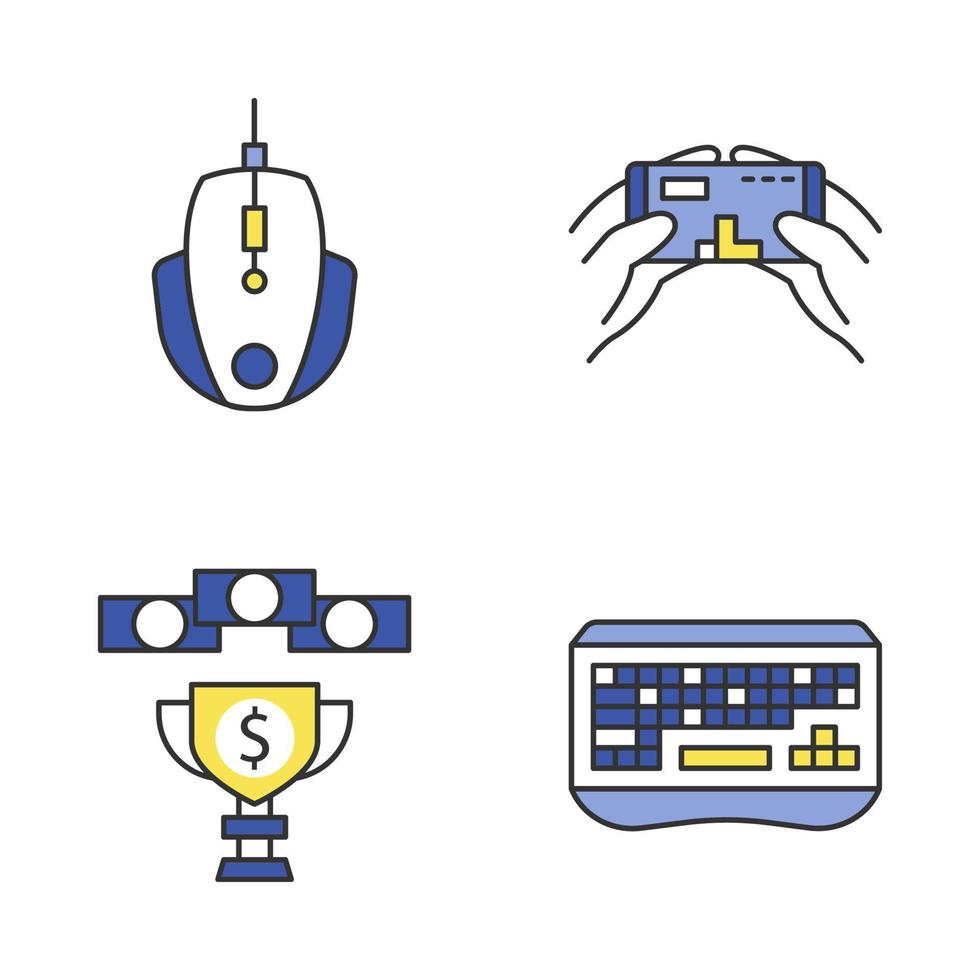 conjunto de iconos de colores de esports. mouse y teclado para juegos. juego móvil dinero del premio. ilustraciones de vectores aislados