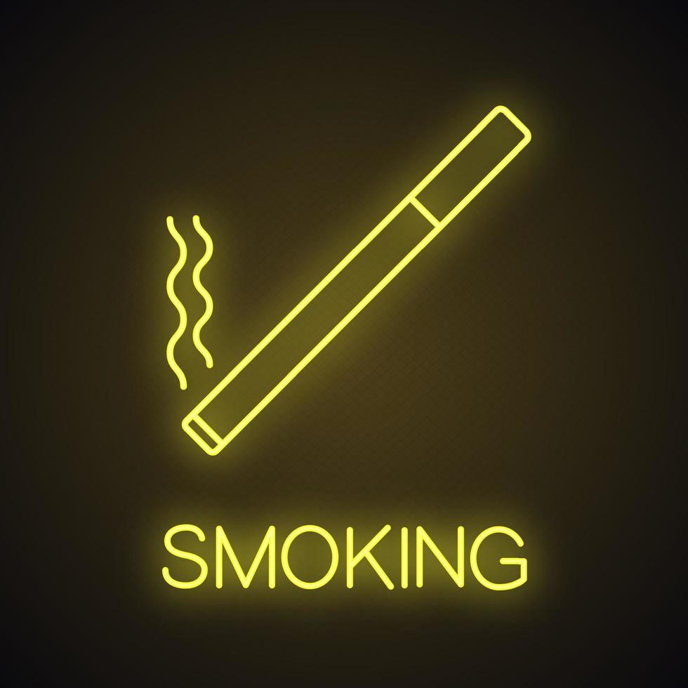 Burning cigarette neon light icon. Smoking area glowing sign. Vector isolated illustration