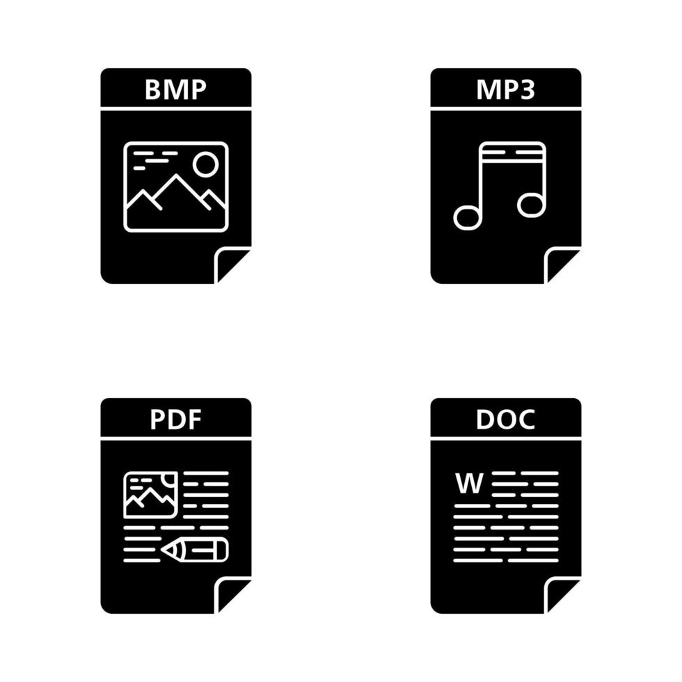 Files format glyph icons set. Image, audio files, text documents. BMP, MP3, PDF, DOC. Silhouette symbols. Vector isolated illustration