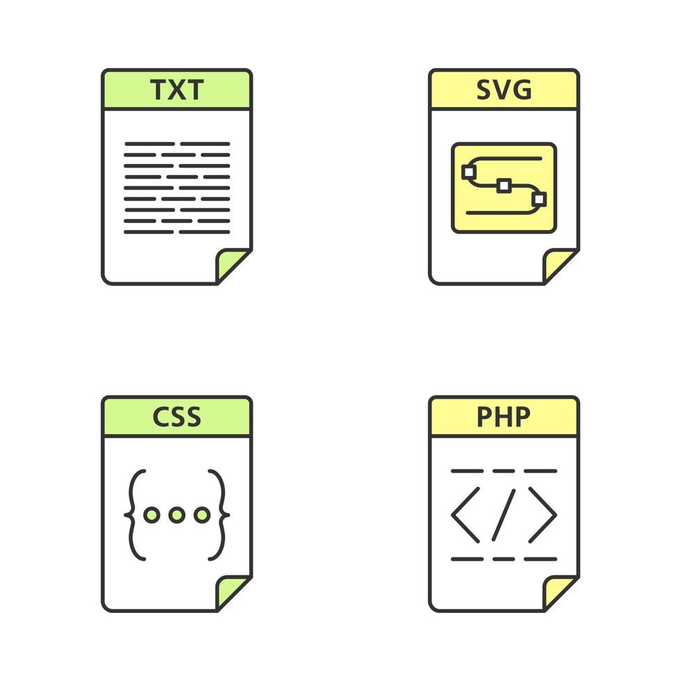 Files format color icons set. Text, image, web page file. TXT, SVG, CSS, PHP. Isolated vector illustrations