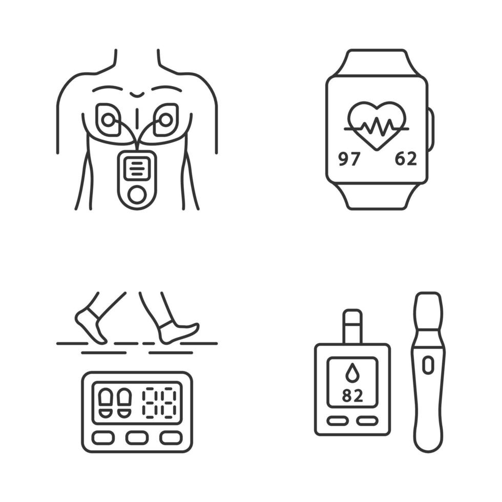 conjunto de iconos lineales de dispositivos médicos. estimulador muscular, monitor de ritmo cardíaco, podómetro, prueba de azúcar en la sangre. rastreador de fitness símbolos de contorno de línea delgada. ilustraciones aisladas de contorno vectorial. trazo editable vector