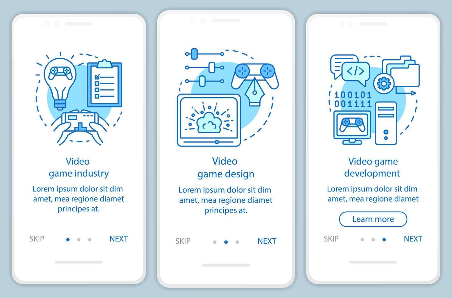 plantilla de vector de pantalla de página de aplicación móvil de incorporación de industria de videojuegos. desarrollo de juegos de computadora, diseño. paso a paso del sitio web con ilustraciones lineales. ux, ui, concepto de interfaz de teléfono inteligente gui