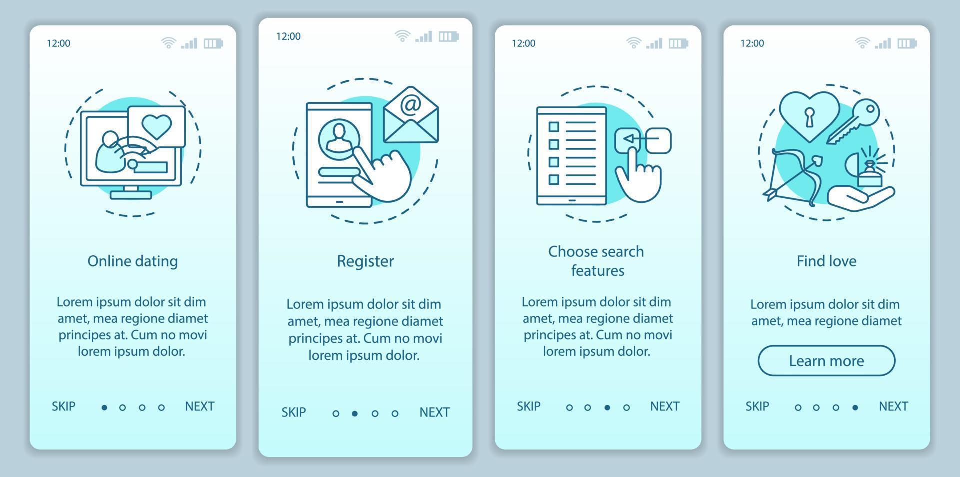 Online dating onboarding mobile app page screen vector template. Register, choose search features, find love website instructions with linear illustrations. UX, UI, GUI smartphone interface concept