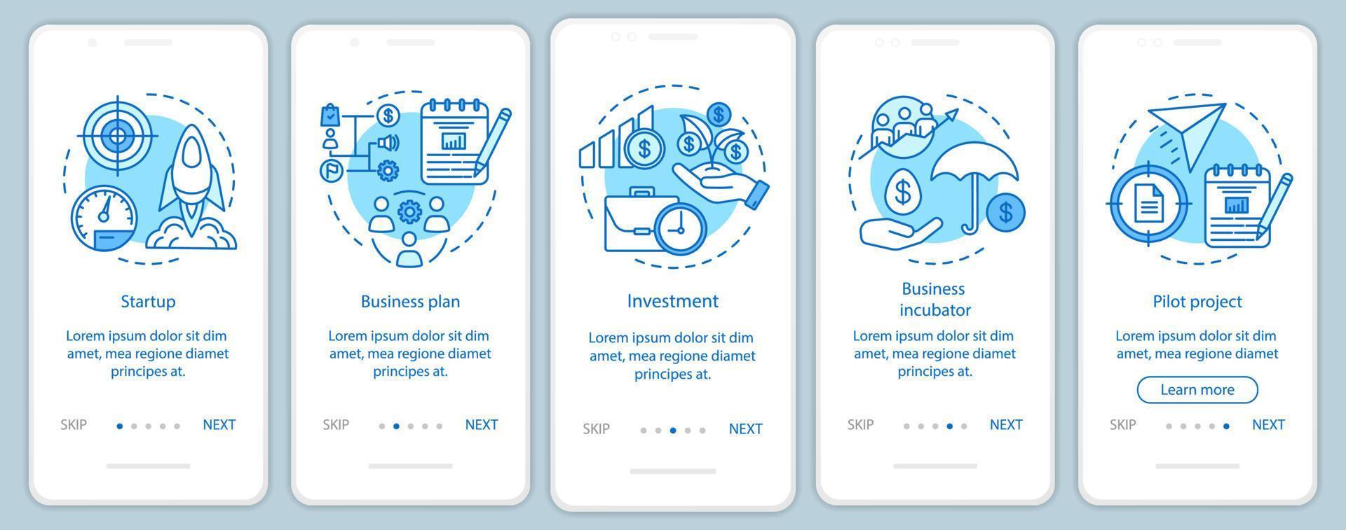 Business industry onboarding mobile app page screen with linear concepts. Stages of company creating walkthrough steps graphic instructions. UX, UI, GUI vector template with illustrations