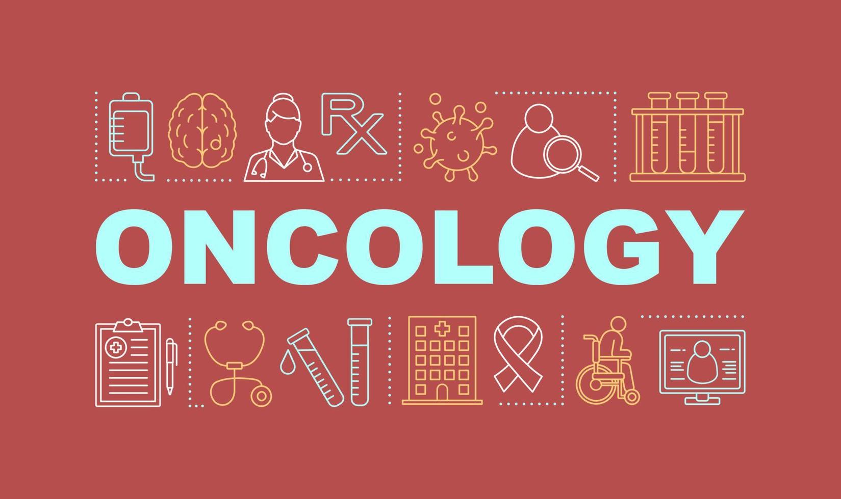 Oncology word concepts banner. Cancer disease diagnostic and treatment. Presentation, website. Isolated lettering typography idea, icons. Clinical researches. Healthcare. Vector outline illustration