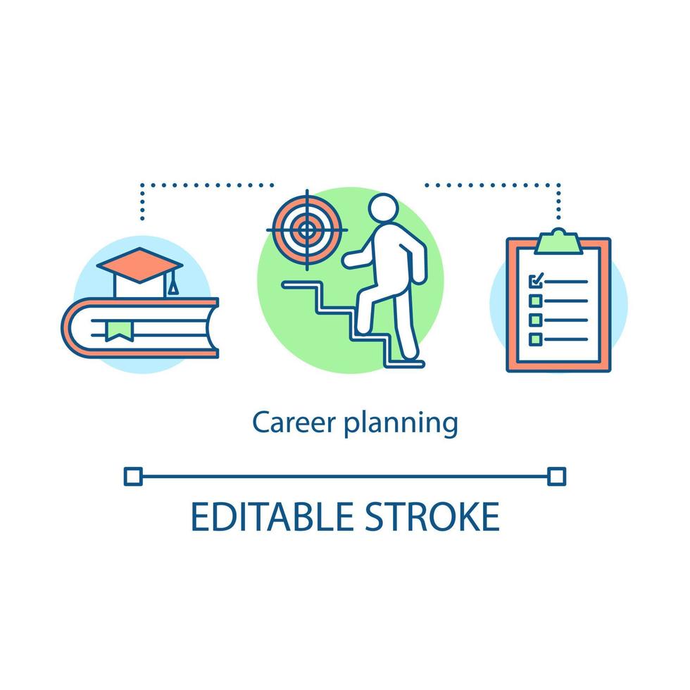 Career planning process concept icon. Professional growth idea thin line illustration. Self-assessment. Goal achievement. Education program. Vector isolated outline drawing. Editable stroke
