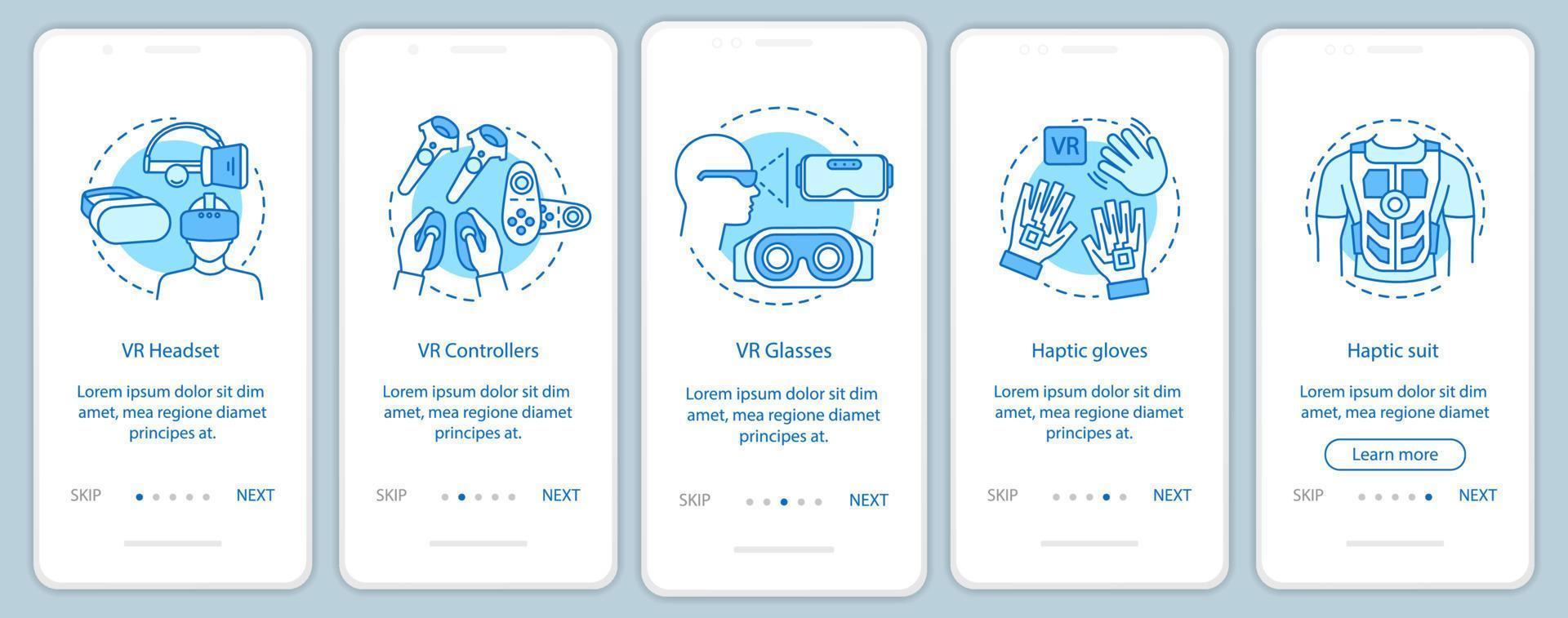 herramientas de realidad virtual que incorporan la pantalla de la página de la aplicación móvil con concepto lineal. conjunto de máscara vr, controlador, guantes de datos, instrucciones gráficas de pasos de recorrido de traje. ux, ui, plantilla vectorial gui con iconos vector