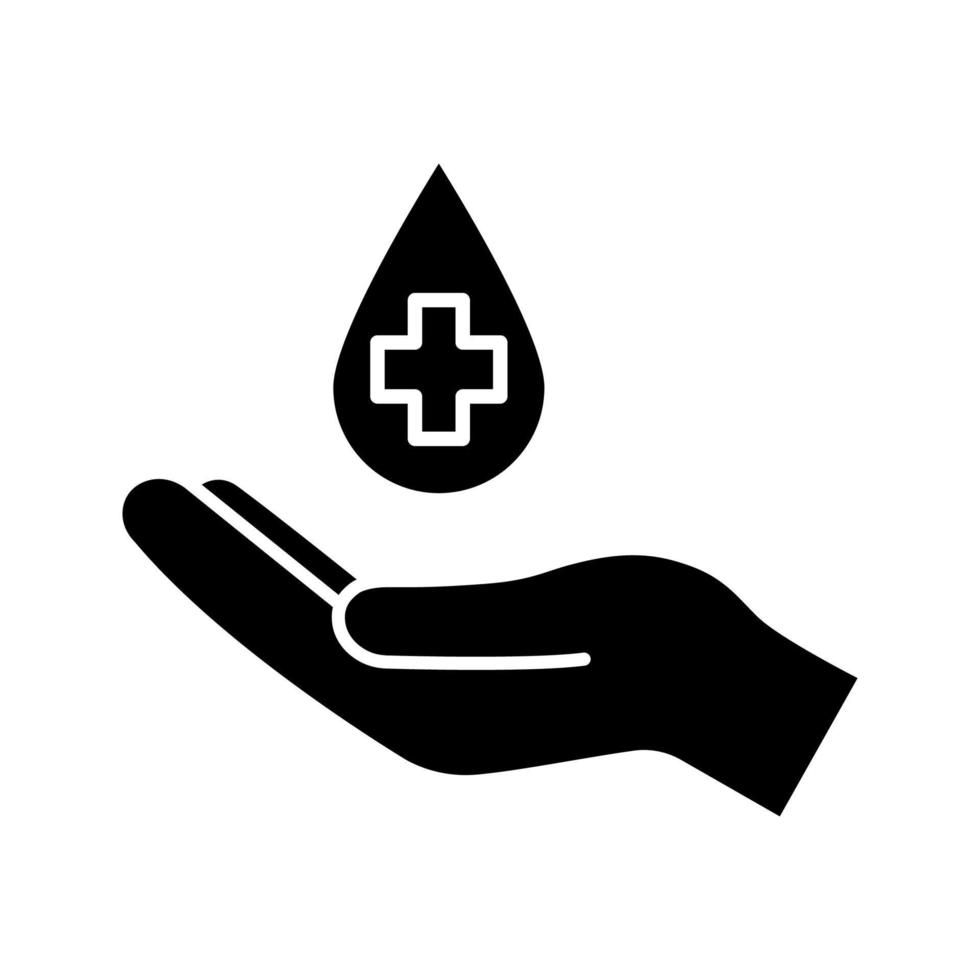 Blood donation glyph icon. Silhouette symbol. Hand holding liquid drop with medical cross. Negative space. Vector isolated illustration