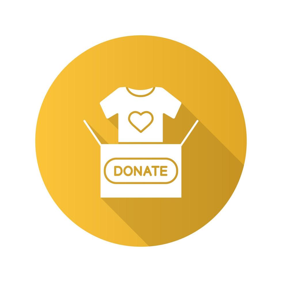 Clothes donating flat design long shadow glyph icon. Donation box with t-shirt. Used clothes. Charity. Vector silhouette illustration