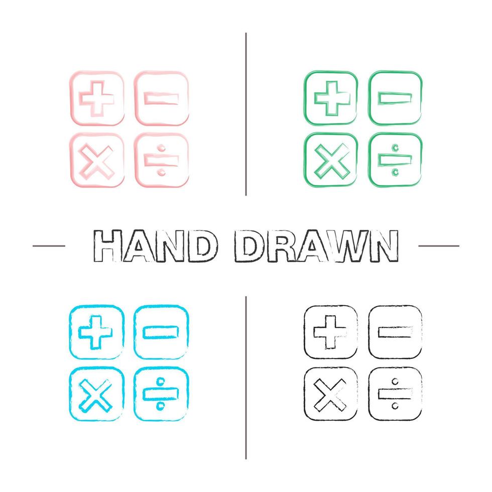 Maths symbols hand drawn icons set. Calculating. Elementary mathematics. Plus, minus, multiply, divide. Color brush stroke. Isolated vector sketchy illustrations