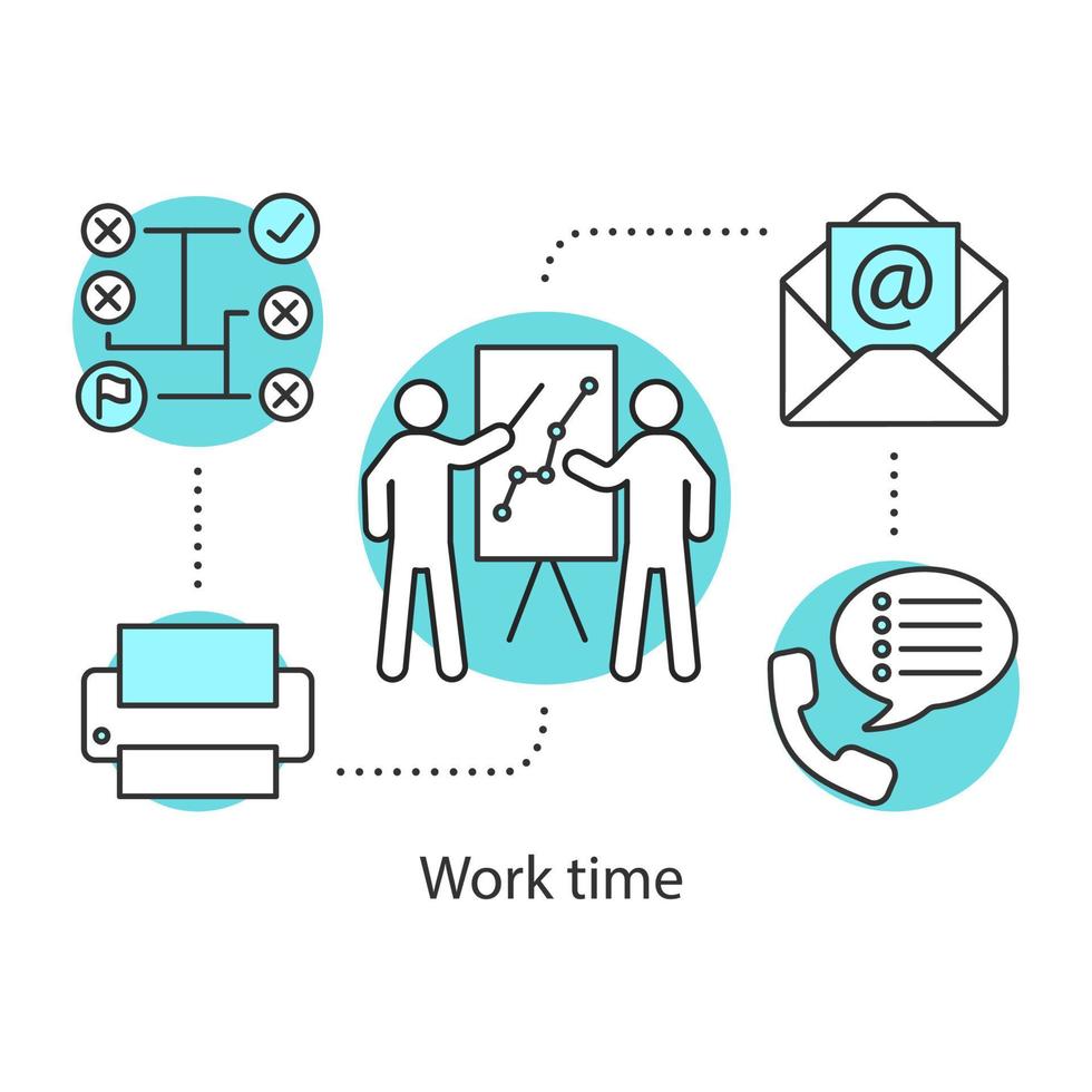 Working time concept icon. Presentation idea thin line illustration. Report. Conference. Teamwork. Vector isolated outline drawing
