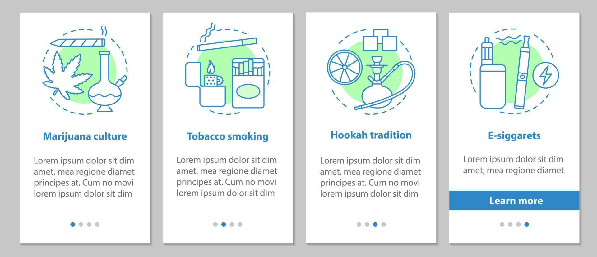 pantalla de la página de la aplicación móvil de incorporación de fumadores con conceptos. la cultura de la marihuana, el tabaquismo, los cigarrillos electrónicos, la tradición de la cachimba sigue las instrucciones gráficas. ux, ui, plantilla vectorial gui con ilustraciones vector