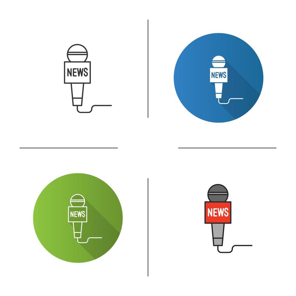 Microphone broadcasting news icon. Television reporting. Flat design, linear and color styles. Isolated vector illustrations