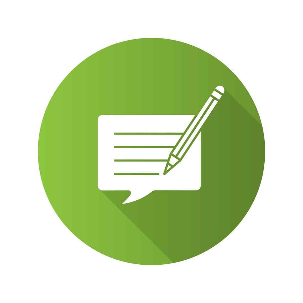 Writing message flat linear long shadow icon. Chatting. Message editing. Communication. Speech bubble with pencil. Vector outline symbol