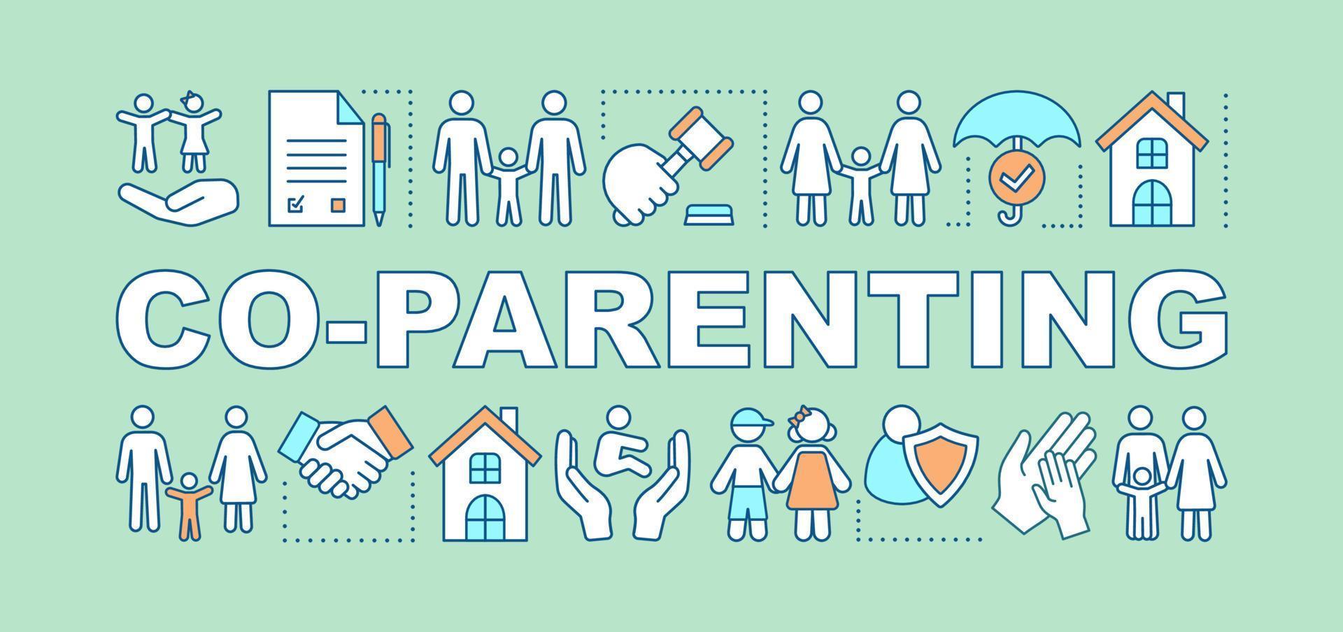 Co-parenting concepts banner. Separation agreement. Joint child custody. Coparent. Divorce. Presentation, website. Isolated lettering typography idea with linear icons. Vector outline illustration