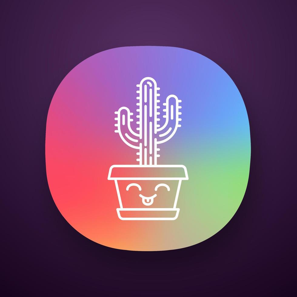 Saguaro app icon. Cactus with smiling face. Embarrassed home cacti with tongue out. Happy tropical plant in pot. UI UX user interface. Web or mobile application. Vector isolated illustration