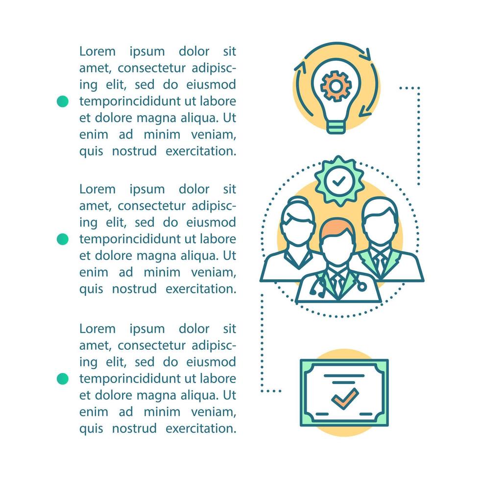 Professional doctors team article page vector template. Medical specialists. Brochure, magazine, booklet design element with icons and text boxes. Print design. Concept illustrations with text space