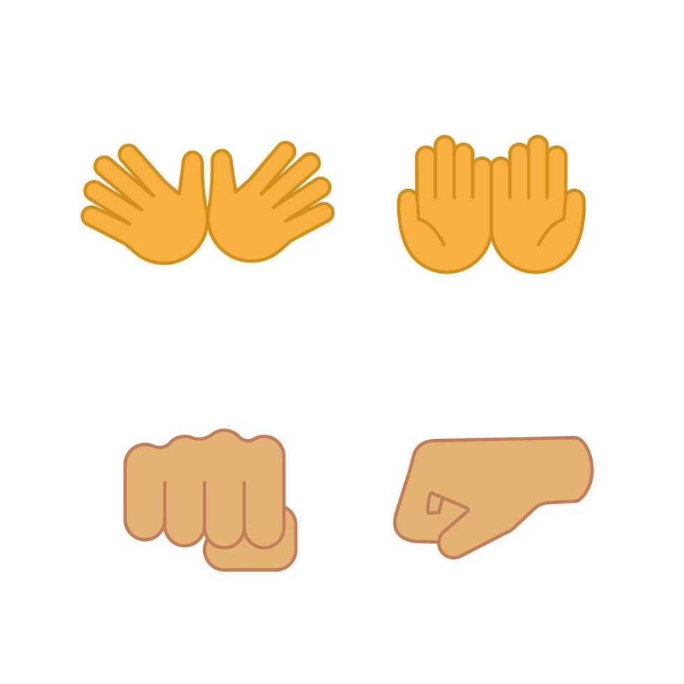 Hand gesture emojis color icons set. Jazz, hug, begging gesturing, punching fists. Cupped and opened palms. Isolated vector illustrations