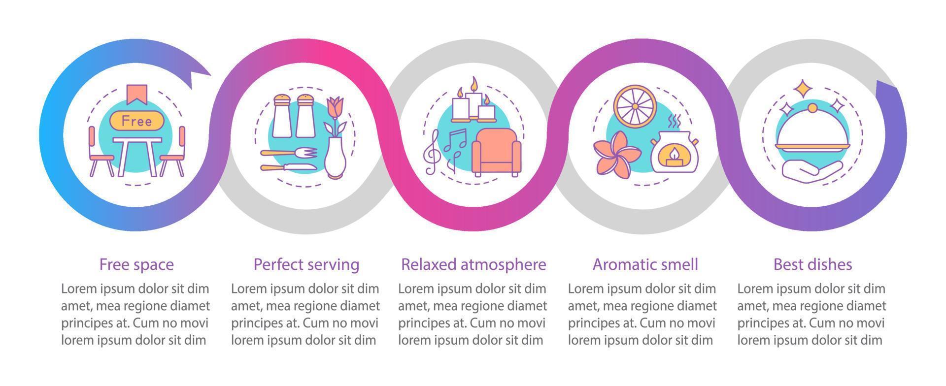 plantilla de infografía vectorial de servicio de alimentos. restaurante, elementos de diseño de presentación de negocios de cafetería. visualización de datos con pasos y opciones. gráfico de línea de tiempo del proceso. diseño de flujo de trabajo con iconos lineales vector